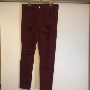 AEO red distressed high rise JEGGINGS